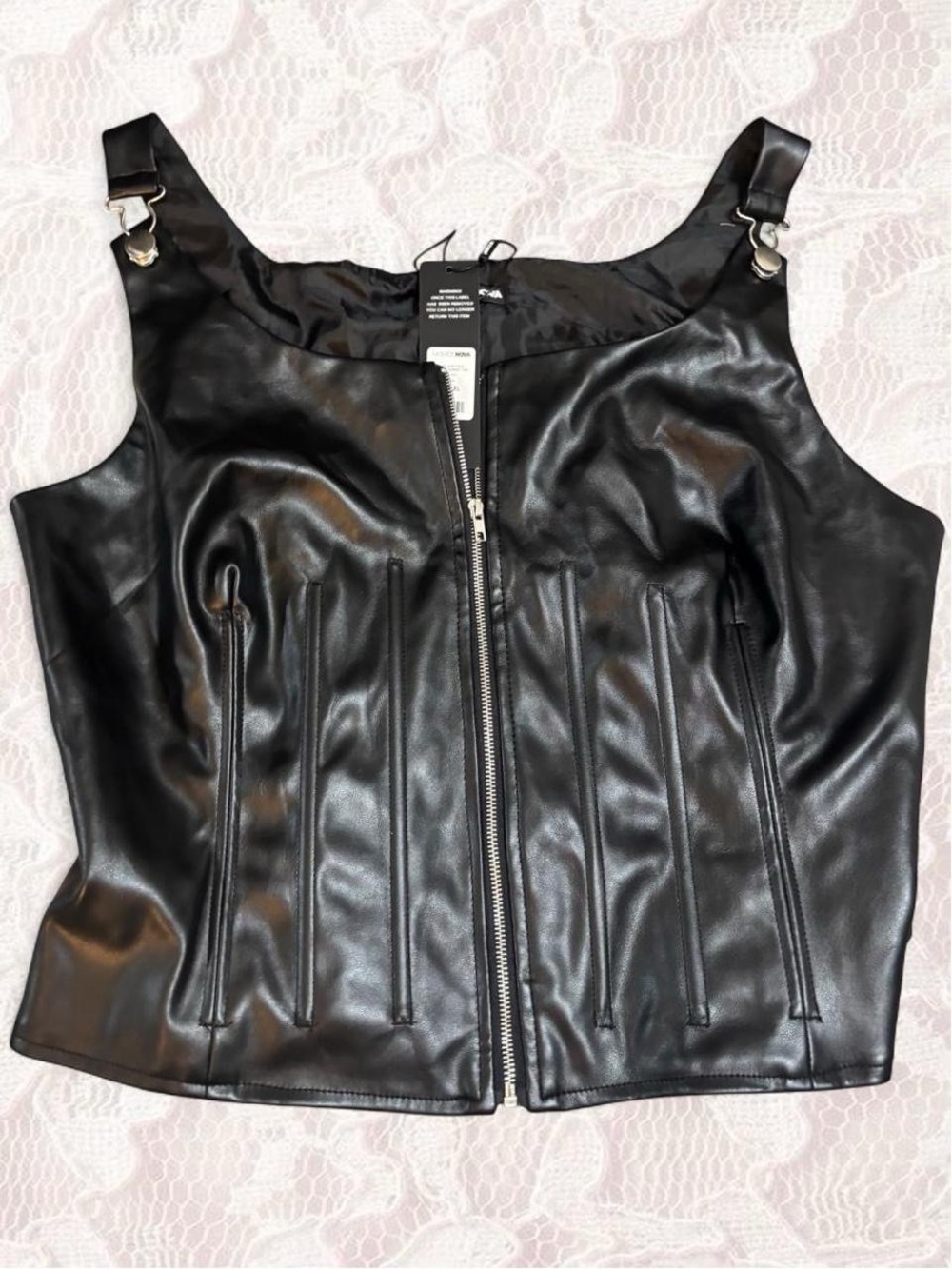 Fashion Nova Black Faux Leather Zip Front Tank